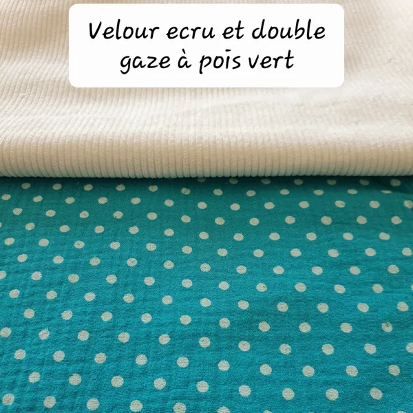 Velour écru et double gaze a pois vert Velour écru et double gaze a pois vert